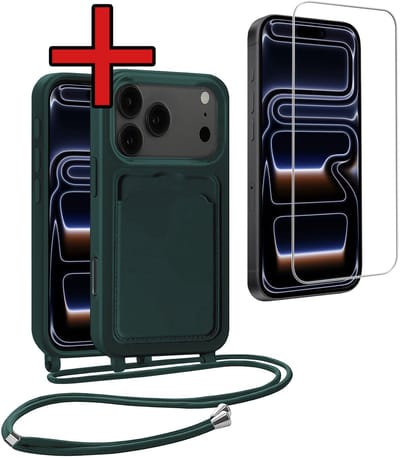 Hoesje Geschikt voor iPhone 17 Pro / 18 Pro Hoesje Met Telefoonkoord en Pasjeshouder Met Screenprotector Siliconen - Hoes Geschikt voor iPhone 17 Pro / 18 Pro Hoesje Met Kaarthouder Case - Donkergroen