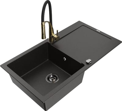Mexen Leo granieten spoelbak 1-komorige met afdruiprek en keukenmengkraan Aster, zwart/goud metallic - 6501-75-73450-57-B