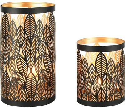 Dekoratief | Set 2 Waxinelichthouders 'Stacked Leafs', zwart/goud, metaal, 12x12x21cm | A258163