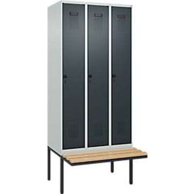 C+P Evolo Plus garderobekast, 3 vakken, elk 300 mm breed, zwevende bank, B 900 x D 815 x H 2120 mm, draaibare grendel, lichtgrijs/antraciet