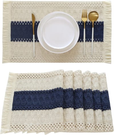 carmdering - Plaatsmat - Placemat - Tafelmat - Set van 6, 30×50 cm, boho franjerand - Katoen-polyester en jute, wasbaar - Beschermt tegen krassen en hitte - Donkerblauw, perfect voor dagelijks gebruik