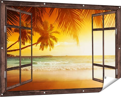 Gards Tuinposter Doorkijk Tropisch Strand tijdens Zonsondergang - 150x100 cm - Tuindoek - Tuindecoratie - Wanddecoratie buiten - Tuinschilderij