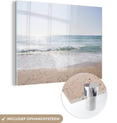 MuchoWow® Glasschilderij 160x120 cm - Schilderij acrylglas - Strand - Water - Turquoise - Foto op glas - Muurdecoratie woonkamer - Wanddecoratie slaapkamer - Schilderijen