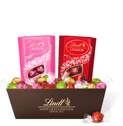 Lindt Geschenkset - Chocolade bundel 600 gram - 6 smaken LINDOR chocolade bonbons - Melkchocolade, Pistache chocolade, Aardbei & Room, Kokos chocolade & Witte chocolade - Kerstcadeau