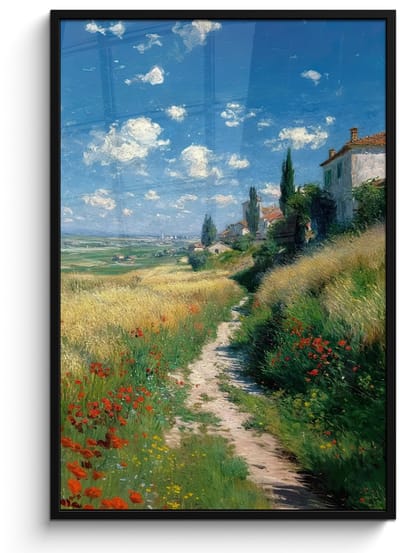 Poster in lijst - Fotolijst 80x120 cm - Posters - Zandpad - Huis - Bomen - Grasveld - Posterlijst zwart - Decoratie - Wanddecoratie woonkamer - Muurdecoratie slaapkamer