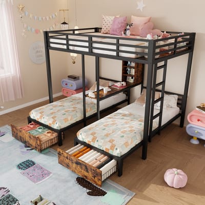 DESMIU Stapelbed 140x200 cm + 90x200 cm – 3 Slaapplaatsen met Hekken – Opbergnissen en 2 Lades – Kinderkamer – Metaal MDF – Zwart – Zonder matras