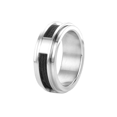 Lucardi Heren Ring met zwarte kabel - Ring - Vaderdag Cadeautje - Staal - Zilverkleurig