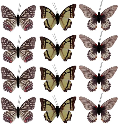 Dailygoods- Decoratieve Vlinders 12-delige Set - Kleurrijke Decoratie - Metalen Clip - Zachte Veren/Tule - Glitter Accenten - Eenvoudig te Bevestigen - Decoratievlinders