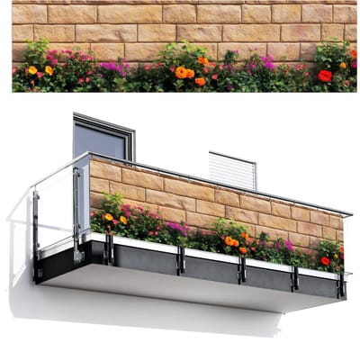 Balkonscherm 300x80 cm - Balkonposter Bloemen - Bakstenen - Kleurrijk - Balkon scherm decoratie - Balkonschermen - Balkondoek zonnescherm