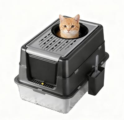 RVS Kattenbak XXL - Gesloten Kattenbak met Bovenlader & Voordeur - Geurvrij Roestvrijstaal - 180° Klapdeksel - 60x40x38.5 cm - Donker zwart