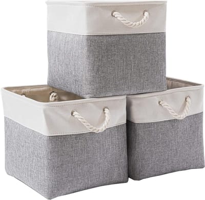 Grote Vouwbare Opbergdozen van Canvas, 33 x 38 x 33 cm, Set van 3 voor Kleding en Speelgoed Organisatie in Kinderkamer en Huis (Grijs/Wit)