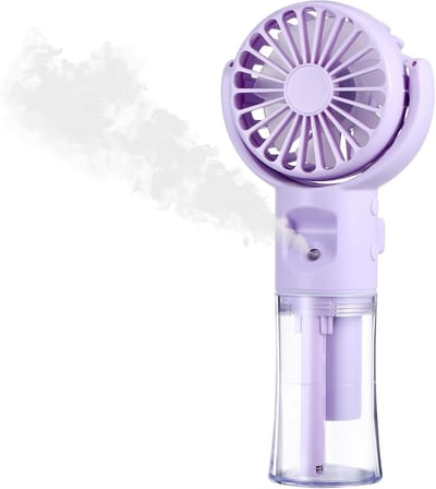 Draagbare vernevelingsventilator, mini-oplaadbare draagbare ventilator, draagbare ventilator met 4 snelheden, USB-draagbare ventilator, reisaccessoire voor buitengebruik, kantoor, kamperen (Paars)