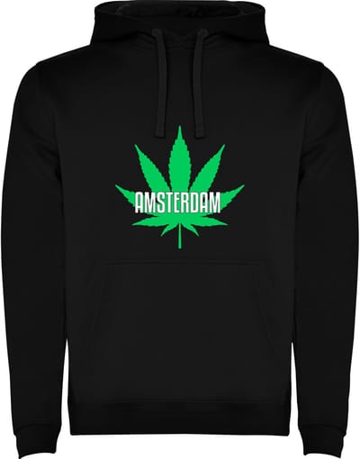 Zwarte Hoodie Amsterdam met Groot Wietblad en tekst - Happy City Maat M