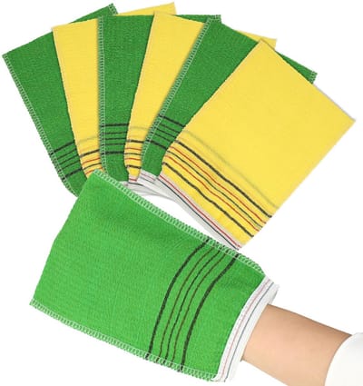 Dailygoody - Koreaanse exfoliërende handschoen - Bad washandje - 6 stuks - Groen+geel - Scrub handdoek - Voor huid exfoliatie en reiniging - 8,3 x 5,3