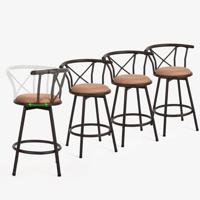 MEUBLES COSY Set van 4 Barkrukken - 360° Draaibare Barstoelen met Rugleuning en Voetsteun Vintage Industrial Staal Hoogte 86cm - Bruin