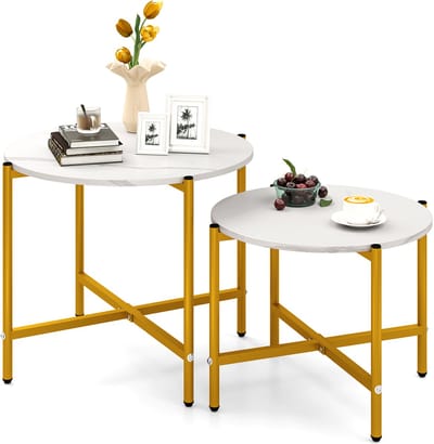 COSTWAY Set van 2 ronde salontafel, bijzettafel met marmerlook en metalen frame, moderne woonkamertafel, koffietafel, banktafelset, voor woonkamer, slaapkamer, wit + goud