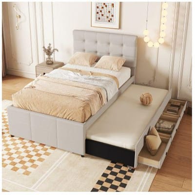 Lit rembourré - MUVOE - 90x200cm - Beige - 3 tiroirs - Tête de lit réglable beige