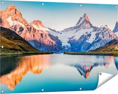 Gards Tuinposter Bergen Landschap bij het Meer - 120x80 cm - Tuindoek - Tuindecoratie - Wanddecoratie buiten - Tuinschilderij