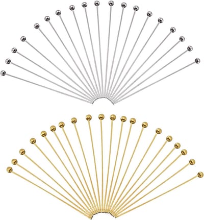 200 stuks 50 mm messing klinknagels met bolkop, rechte pennen, goud en zilver, klinknagels met kogelkop voor oorringen, kettingen, hangers en het maken van sieraden, zilver/goud, 50 mm
