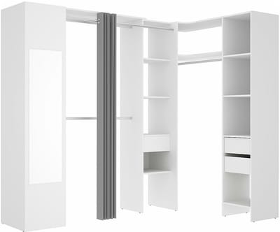 Vente-unique Hoekkledingkast met gordijn en 1 deur - Met spiegel - L231 cm - Wit en grijs - BERTRAND