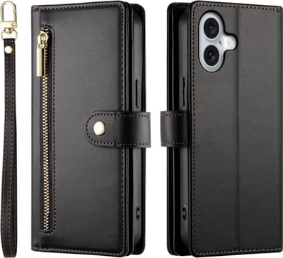 Luxe Portemonnee - Etui Hoes Tas geschikt voor iPhone 16 - Met Schouder - Draagkoord - Zwart