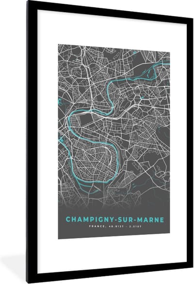 Fotolijst incl. Poster - Frankrijk - Kaart - Stadskaart - Plattegrond - Champigny-sur-Marne - 60x90 cm - Posterlijst