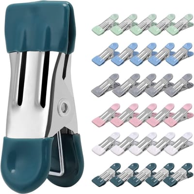 Daity Verpakking van 30 - Multifunctionele droogklemmen zonder strepen - metalen chipklemmen van 5,5 cm - wasknijpers voor het drogen van foto's - sokken - tasklemmen voor voedsel in de keuken - roestvrij staal met rubber - 6 kleuren - 5 van elk