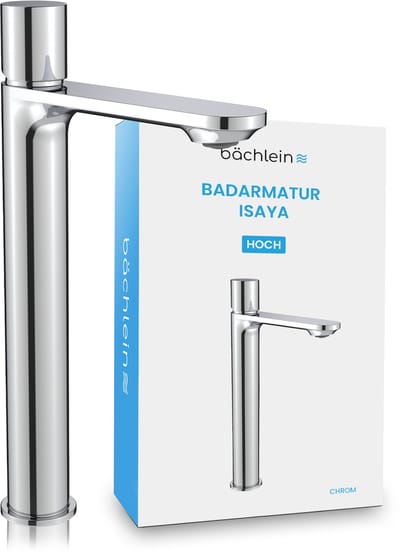 Bächlein Badarmatur Isaya high in modern design, extra hoge eengreepsmengkraan voor opzetwastafel met bevestigingsset, badarmatuur in chroom