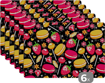 Placemat - Placemats kunststof - Snoep - Patroon - Aardbei - 45x30 cm - 6 stuks - Hittebestendig - Anti-Slip - Onderlegger - Afneembaar