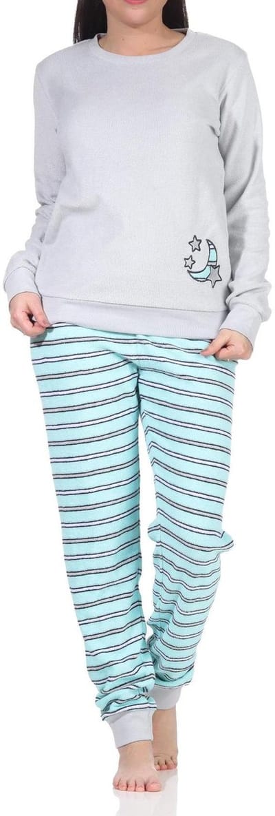 Badstof pyjama voor dames met manchetten - gestreepte broek, topje met maantjesapplicatie