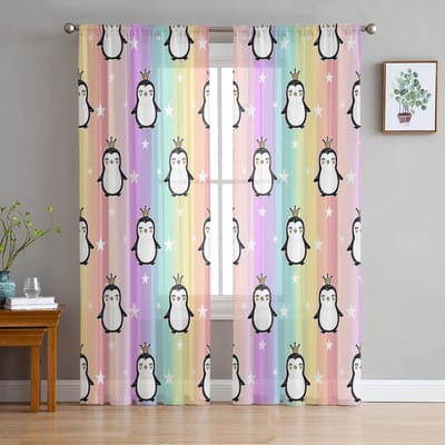 Gordijnen met cartoonmotief van een pinguïn, sterren en regenboogstrepen, geschikt voor de woonkamer, ramen, keuken en voile. W135 x H115cm x1 white