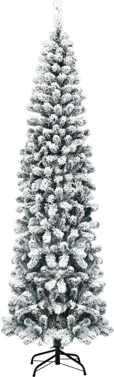 COSTWAY 135/180/225cm potlood kerstboom met sneeuw, kunstkerstboom met metalen standaard, kunstkerstboom PVC naalden, kunstkerstboom vouwsysteem groen (225cm)