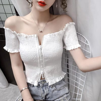Rose Hotsweet Blouse Femme Col Bardot Design Double Zip Taille Élastique Top Court Slim Sexy Taille Haute Nombril Découvert Été XL blanc