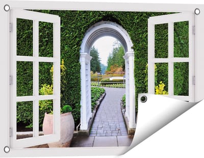 Gards Tuinposter Doorkijk Doorkijk met Potten - 60x40 cm - Tuindoek - Tuindecoratie - Wanddecoratie buiten - Tuinschilderij