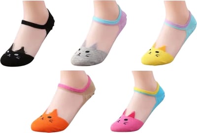 5 Paar Kat Cartoon Sokken voor Dames – Dunne Transparante Zomer Sokken - Onzichtbare Sneakersokken – Zijden Katoenen Bootsokken met Antislip Zool - Veelkleurig