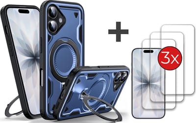 Hoesje Geschikt voor iPhone 17 met 3 Stuks gehard glas Screenprotector - Armor hoes met Ringhouder - Arara backcover - Donker Blauw