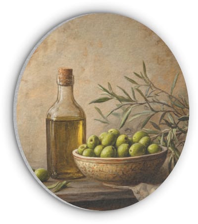 Akoestisch wandpaneel rond 50x50 cm - Vilt schilderij Olijven - Stilleven - Vintage - Ronde akoestische panelen - Geluidsdempende wanddecoratie - Geluidsisolatie wandcirkel - Muurdecoratie geluidspanelen