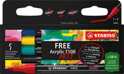 STABILO FREE Acrylic - Acryl Marker - T100 Royal Set - Ronde Punt 1-2 mm - Etui Met 5 Kleuren