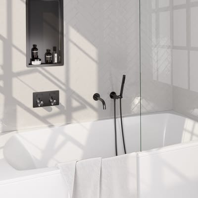 Brauer Gunmetal Carving thermostatische inbouw badkraan met drukknoppen SET 03 met uitloop en staaf handdouche en doucheslang en wandaansluitbocht gunmetal geborsteld PVD