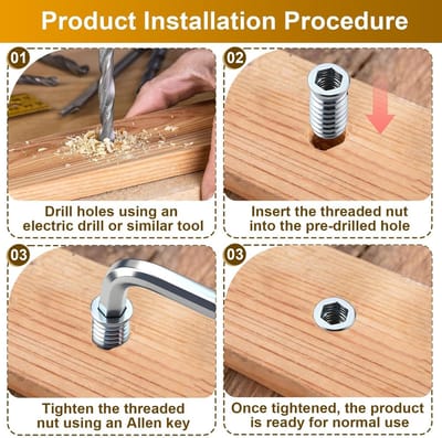 M8 x 25 mm Schroefmoeren voor Houten Meubels en Mechanische Apparaten, Gegalvaniseerde Draadinsert, Hexagonale Insteekstukken