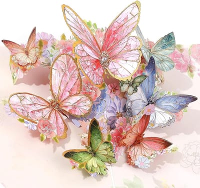 Allecto Plus - Kleurrijke vlinder pop-up verjaardagskaarten met envelop voor vrouwen - jubileum, verjaardag, vieringen - denken aan jou - creatieve wenskaarten
