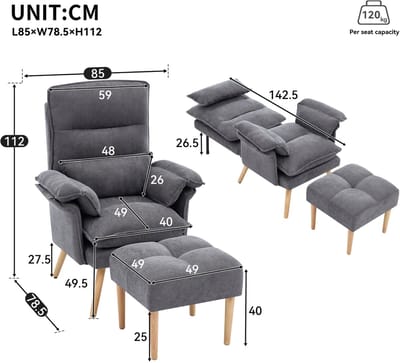 Relaxfauteuil - Met Hocker - 5-Voudig Handmatig Verstelbaar - Voor Lezen En Ontspannen - Stoffen Bekleding En Houten Poten - Grijs