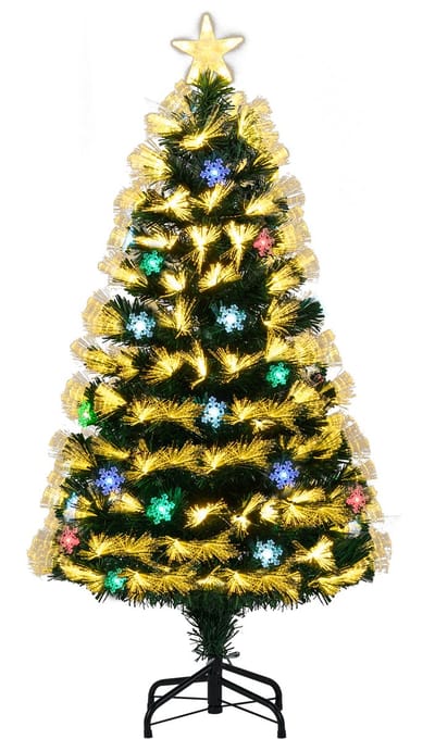 COSTWAY Kunstkerstboom van 120 cm met verlichting, mini-dennenboom met 8 lichtmodi, 130 takuiteinden, 14 sneeuwvlokken, stervormige punt, kerstboom in glasvezel-look, kunstboom Kerstmis