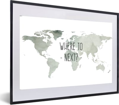 Poster in lijst - Fotolijst 60x40 cm - Posters - Wereldkaart - Quote - Where To Next - Posterlijst zwart - Decoratie - Wanddecoratie woonkamer - Muurdecoratie slaapkamer