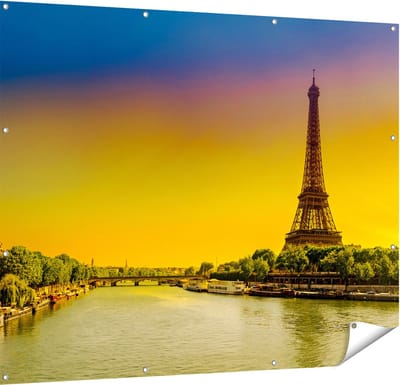 Gards Tuinposter Eiffeltoren in Parijs tijdens Zonsopgang - 150x120 cm - Tuindoek - Tuindecoratie - Wanddecoratie buiten - Tuinschilderij