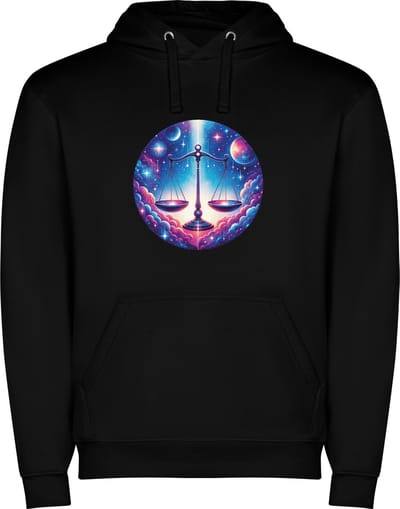 Zwarte unisex hoodie met “ Kleurrijke Sterrenbeeld Weegschaal – Astrologie – Horoscoop – Zodiac Signs “ Print Full Color Color merk Roly maat S