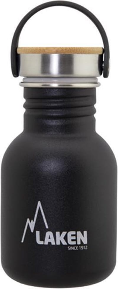RVS fles 0,35L Basic Steel Bottle Zwart - Bamboo Cap - Laken - roestvrij staal - waterfles - drinkfles