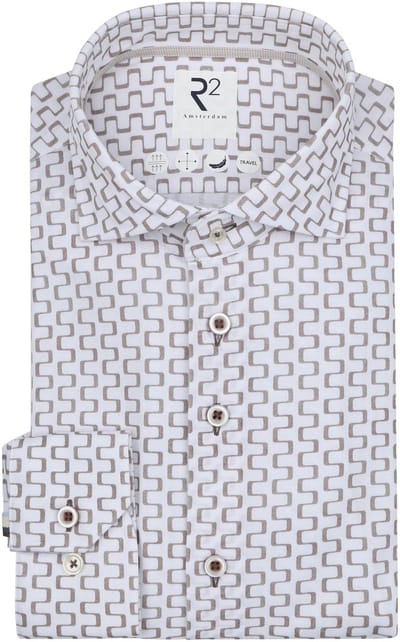 R2 Overhemd Sorona Print Beige - Maat 42 - Heren - Overhemden Formeel