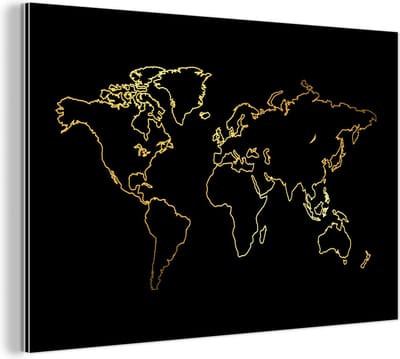 Aluminium schilderij 180x120 cm - Wanddecoratie metaal - Gouden wereldkaart op een zwarte achtergrond - Metalen muurdecoratie woonkamer - Decoratie industrieel - Foto op dibond - Industriële accessoires slaapkamer