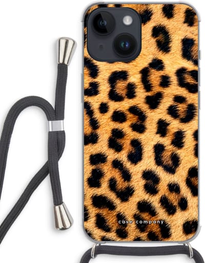 Case Company® - Hoesje met koord geschikt voor iPhone 14 hoesje met Koord - Luipaard - Telefoonhoesje met Zwart Koord - Bescherming aan alle Kanten en Over de Schermrand